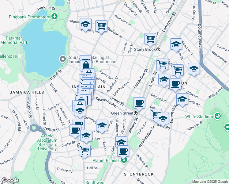 map of restaurants, bars, coffee shops, grocery stores, and more near 62 Green Street in Boston