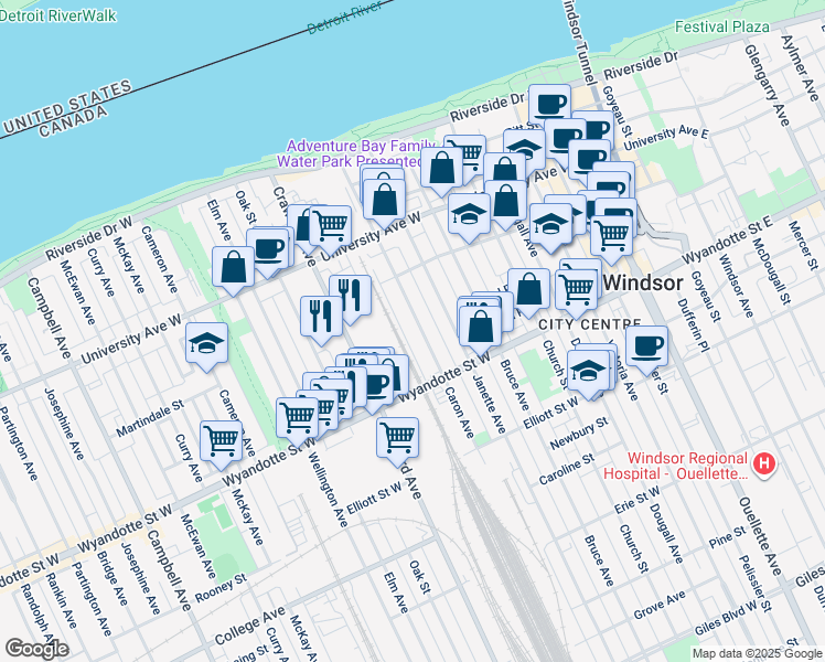 map of restaurants, bars, coffee shops, grocery stores, and more near 535 Caron Avenue in Windsor