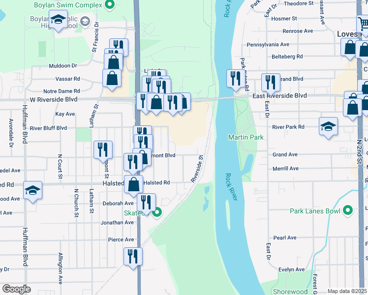 map of restaurants, bars, coffee shops, grocery stores, and more near 734 Belmont Boulevard in Rockford