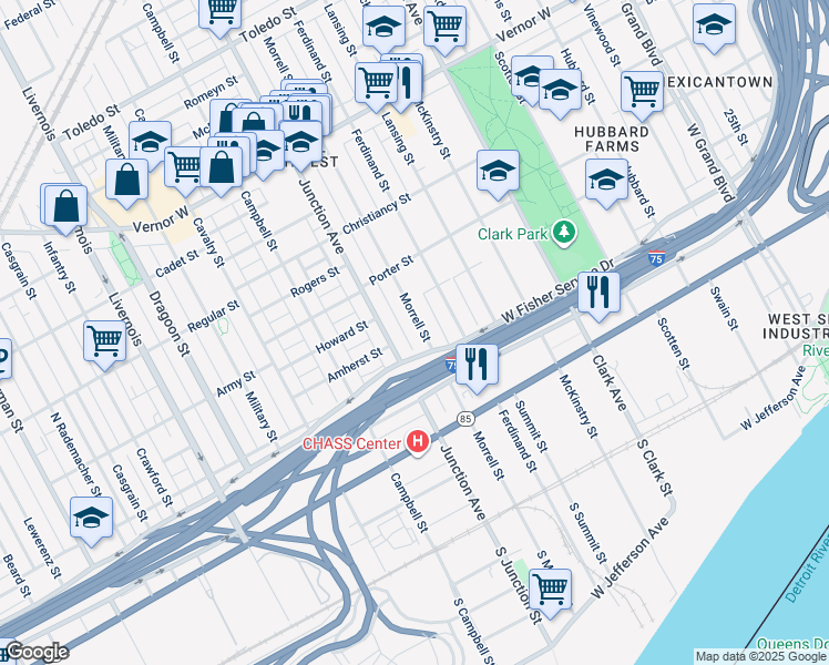 map of restaurants, bars, coffee shops, grocery stores, and more near 1014 Junction Avenue in Detroit