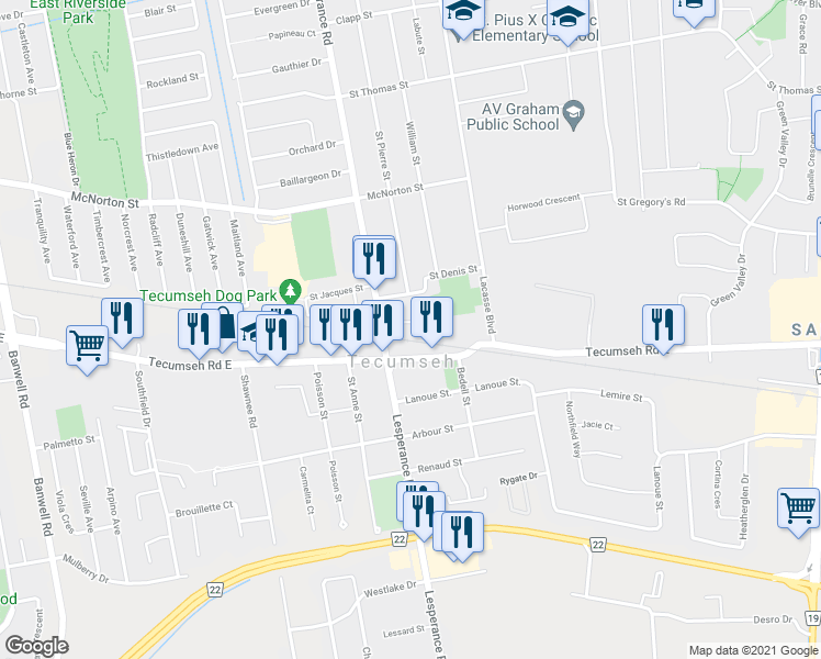 map of restaurants, bars, coffee shops, grocery stores, and more near 12337 Lachance Court in Windsor