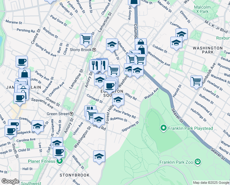 map of restaurants, bars, coffee shops, grocery stores, and more near 3200 Washington Street in Boston