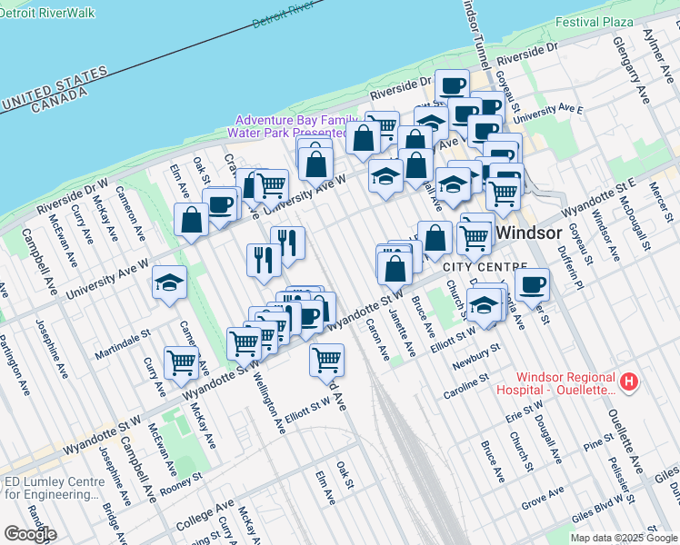 map of restaurants, bars, coffee shops, grocery stores, and more near 505 Caron Avenue in Windsor