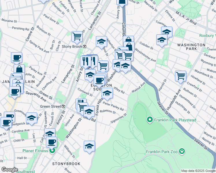 map of restaurants, bars, coffee shops, grocery stores, and more near 3200 Washington Street in Boston