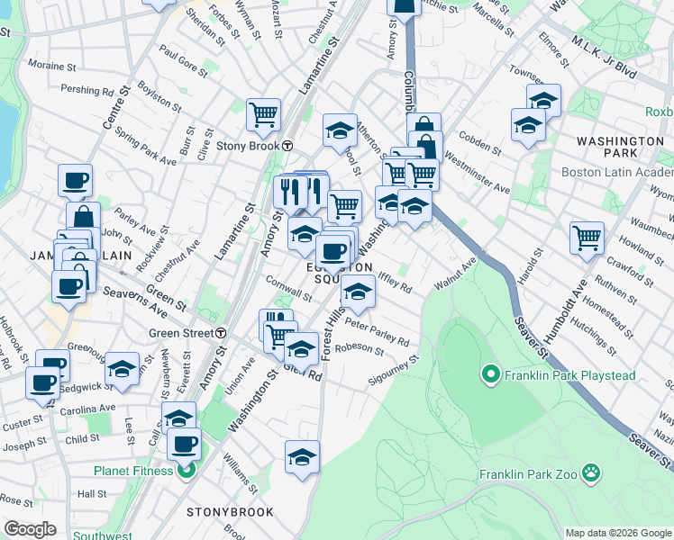 map of restaurants, bars, coffee shops, grocery stores, and more near 30 Montebello Road in Boston