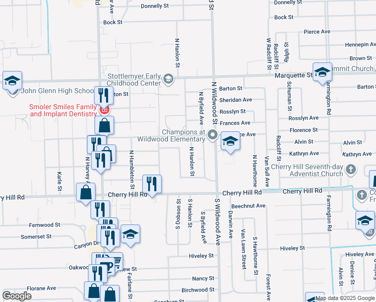map of restaurants, bars, coffee shops, grocery stores, and more near 406 North Dobson Street in Westland