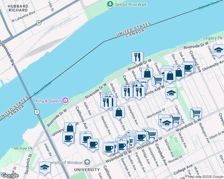 map of restaurants, bars, coffee shops, grocery stores, and more near 1933 Riverside Drive West in Windsor