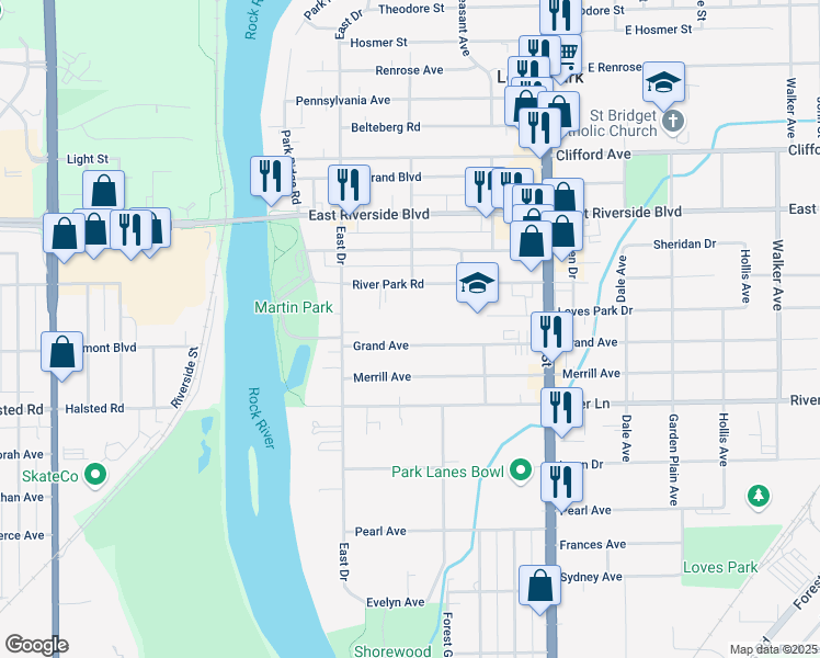 map of restaurants, bars, coffee shops, grocery stores, and more near 311 River Park Road in Loves Park