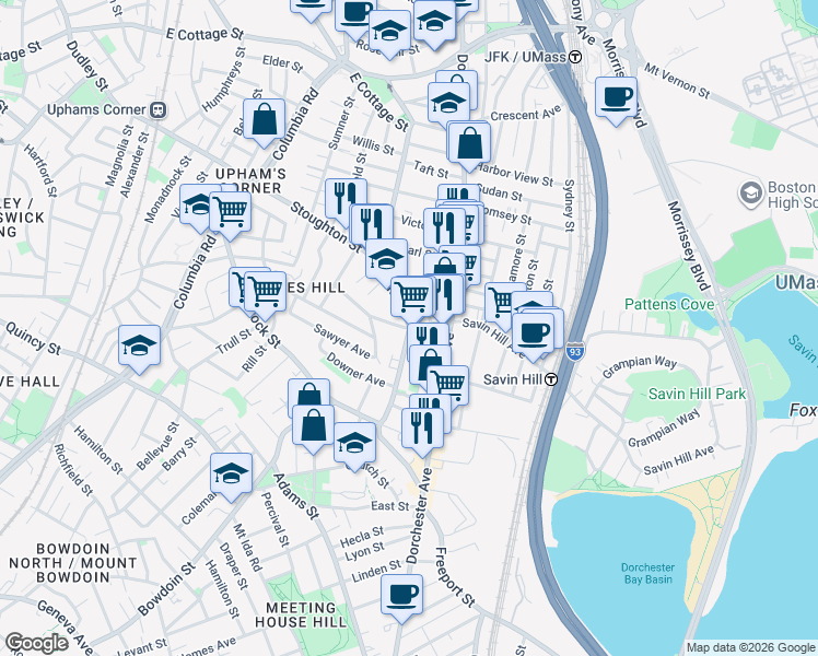 map of restaurants, bars, coffee shops, grocery stores, and more near Pleasant St & Savin Hill Ave in Boston