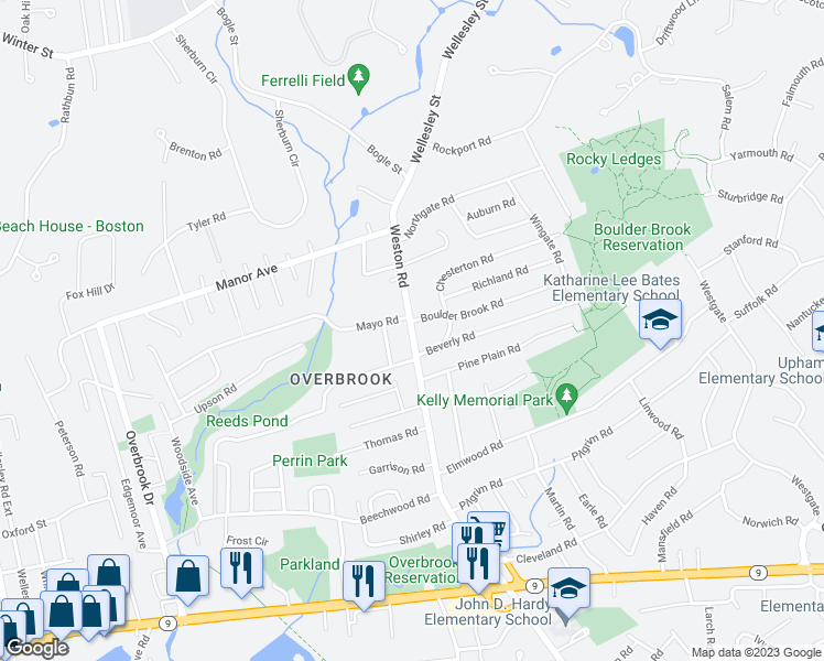 map of restaurants, bars, coffee shops, grocery stores, and more near 437 Weston Road in Wellesley