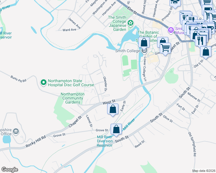 map of restaurants, bars, coffee shops, grocery stores, and more near 45 Olander Drive in Northampton