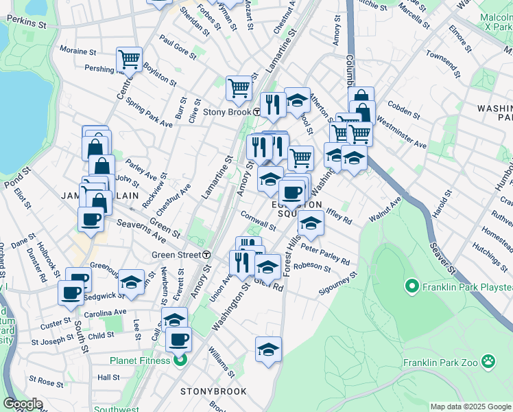 map of restaurants, bars, coffee shops, grocery stores, and more near 36-44 Merriam Street in Boston