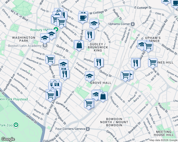 map of restaurants, bars, coffee shops, grocery stores, and more near Fayston Street & Perth Street in Boston