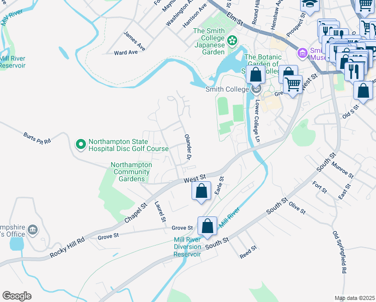 map of restaurants, bars, coffee shops, grocery stores, and more near 46 Olander Drive in Northampton