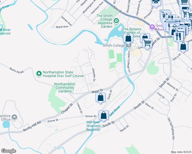 map of restaurants, bars, coffee shops, grocery stores, and more near 45 Olander Drive in Northampton