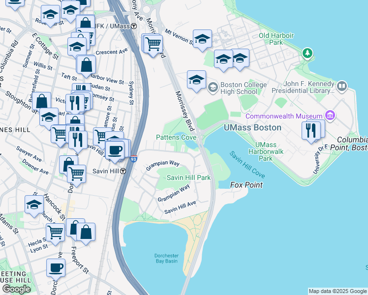 map of restaurants, bars, coffee shops, grocery stores, and more near 37 Morrissey Boulevard in Boston