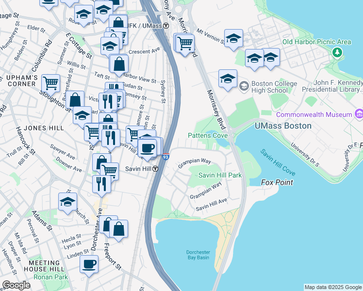 map of restaurants, bars, coffee shops, grocery stores, and more near 10 Sea View Terrace in Boston
