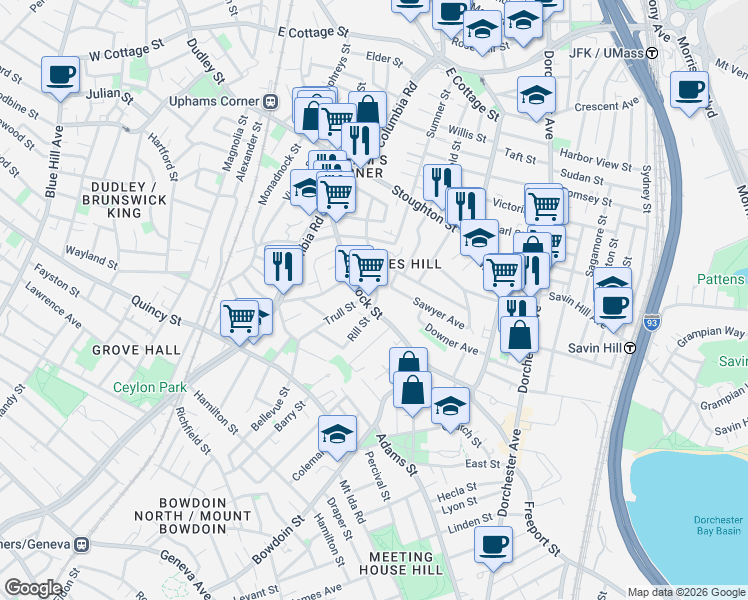 map of restaurants, bars, coffee shops, grocery stores, and more near 17 Rowell Street in Boston