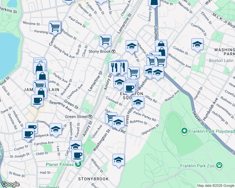 map of restaurants, bars, coffee shops, grocery stores, and more near 38 Brookside Avenue in Boston