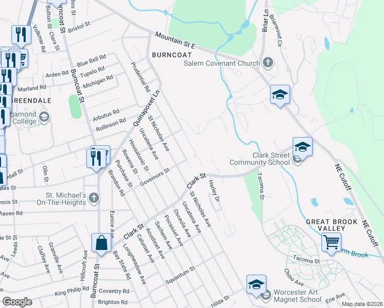 map of restaurants, bars, coffee shops, grocery stores, and more near 36 Garrison Avenue in Worcester