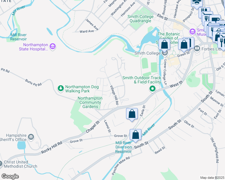 map of restaurants, bars, coffee shops, grocery stores, and more near 73 Village Hill Road in Northampton