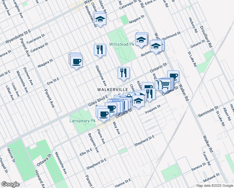 map of restaurants, bars, coffee shops, grocery stores, and more near 1647 Ontario Street in Windsor