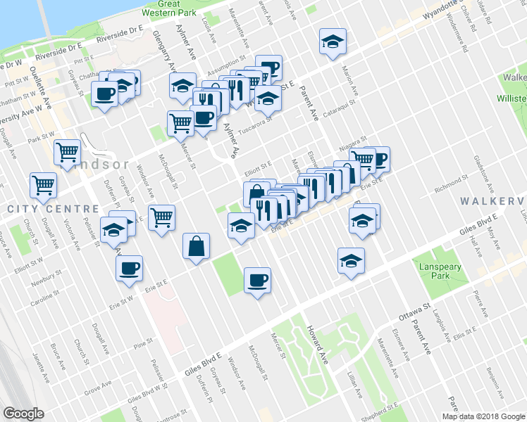 map of restaurants, bars, coffee shops, grocery stores, and more near 900 Howard Avenue in Windsor