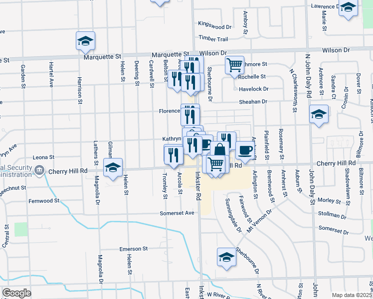 map of restaurants, bars, coffee shops, grocery stores, and more near 357 Inkster Road in Inkster