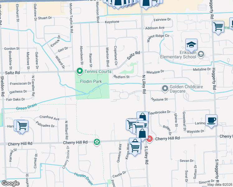 map of restaurants, bars, coffee shops, grocery stores, and more near 42473 Lilley Pointe Drive in Canton