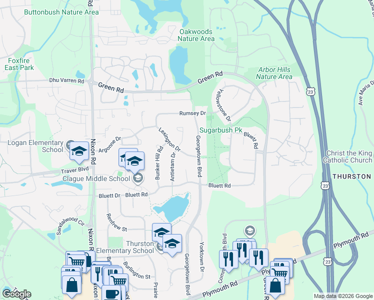map of restaurants, bars, coffee shops, grocery stores, and more near 2647 Antietam Court in Ann Arbor