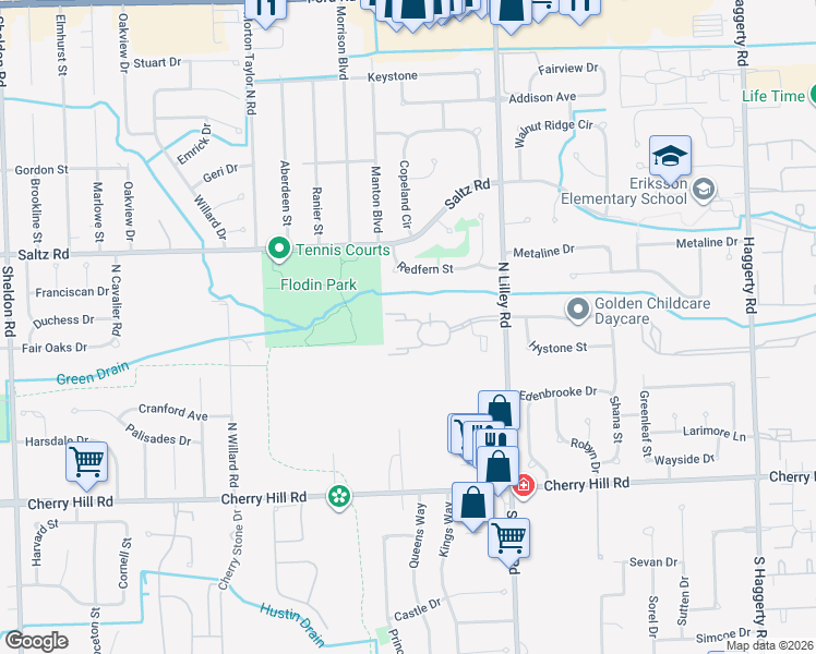map of restaurants, bars, coffee shops, grocery stores, and more near 42473 Lilley Pointe Drive in Canton