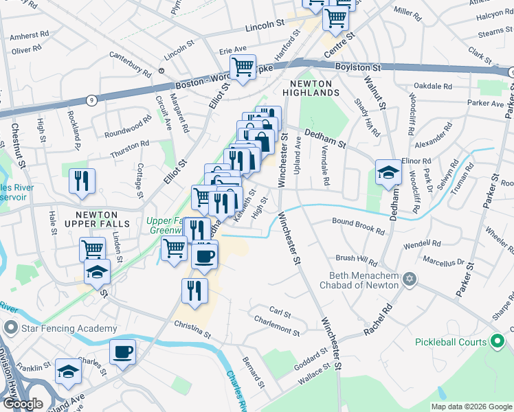 map of restaurants, bars, coffee shops, grocery stores, and more near 9 Kenneth Street in Newton