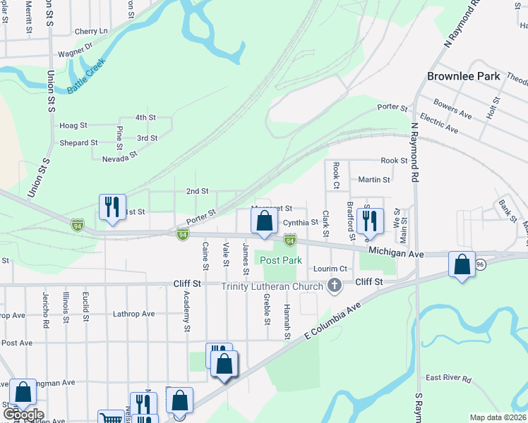 map of restaurants, bars, coffee shops, grocery stores, and more near 48 Spencer Street in Battle Creek