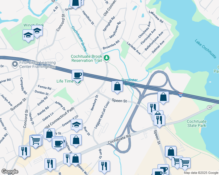 map of restaurants, bars, coffee shops, grocery stores, and more near 20 Speen Street in Framingham