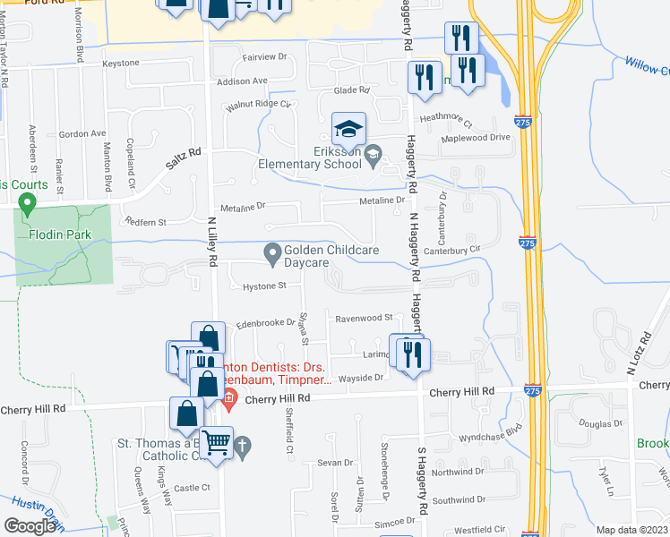 map of restaurants, bars, coffee shops, grocery stores, and more near 46161 Village Green Boulevard West in Canton