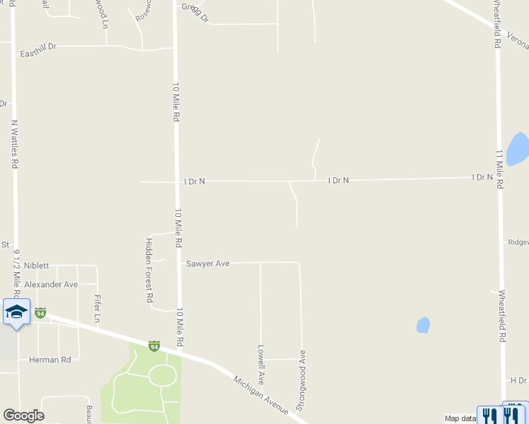 map of restaurants, bars, coffee shops, grocery stores, and more near 10302 I Drive North in Battle Creek