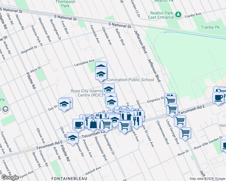 map of restaurants, bars, coffee shops, grocery stores, and more near 5523 Coronation Avenue in Windsor