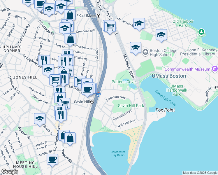 map of restaurants, bars, coffee shops, grocery stores, and more near 10 Sea View Terrace in Boston