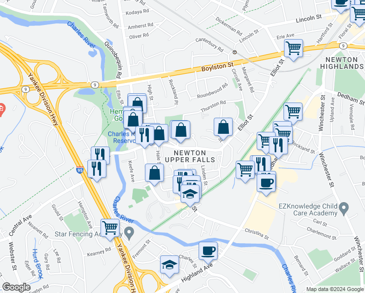 map of restaurants, bars, coffee shops, grocery stores, and more near 287 Elliot Street in Newton