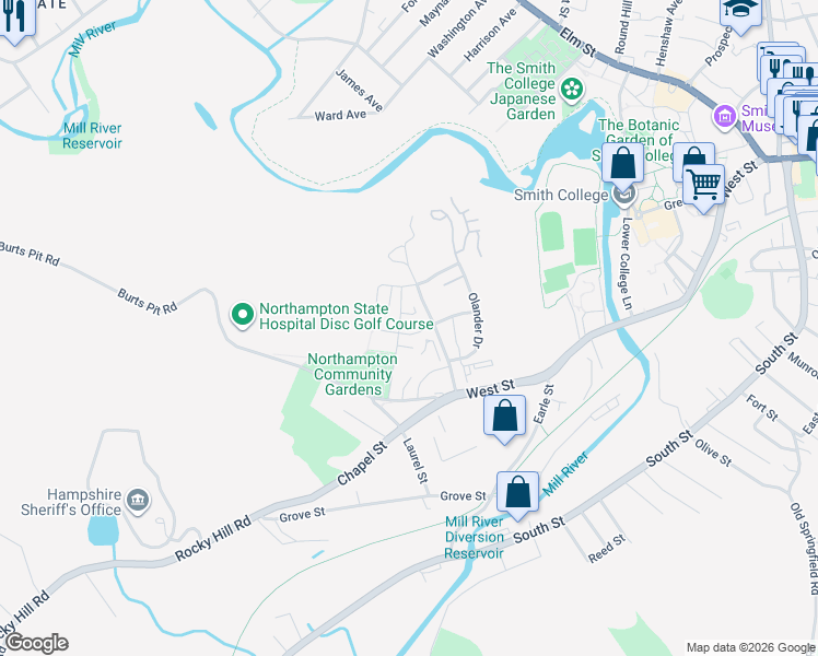 map of restaurants, bars, coffee shops, grocery stores, and more near 23 Moser Street in Northampton