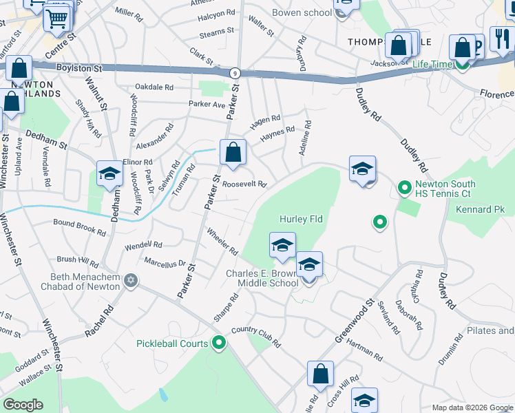 map of restaurants, bars, coffee shops, grocery stores, and more near 25 Brandeis Road in Newton