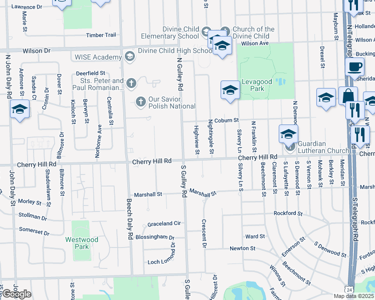 map of restaurants, bars, coffee shops, grocery stores, and more near 230 North Gulley Road in Dearborn