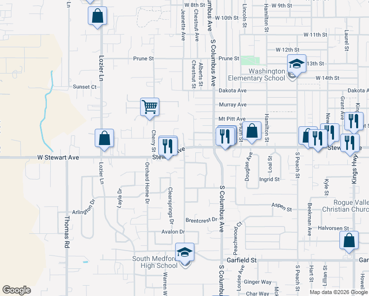 map of restaurants, bars, coffee shops, grocery stores, and more near 1736 Stewart Avenue in Medford