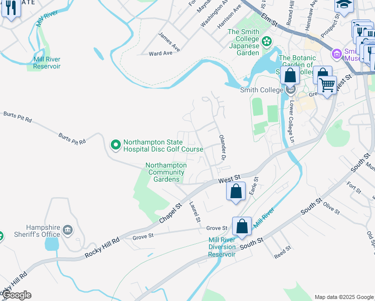 map of restaurants, bars, coffee shops, grocery stores, and more near 75 Musante Drive in Northampton