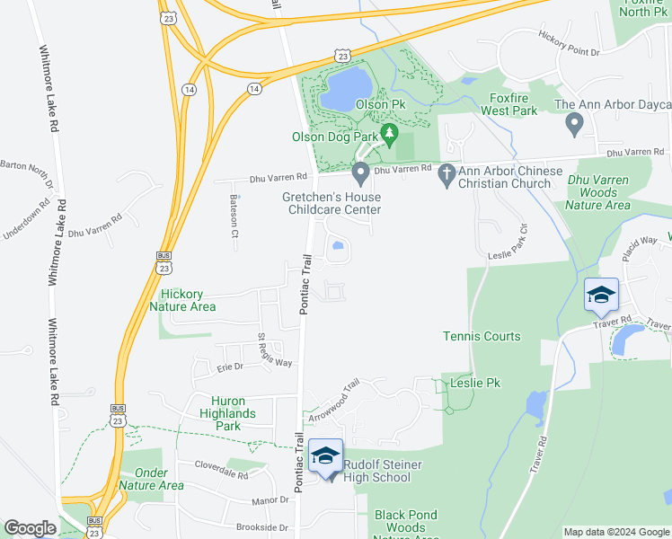 map of restaurants, bars, coffee shops, grocery stores, and more near 2754 South Knightsbridge Circle in Ann Arbor