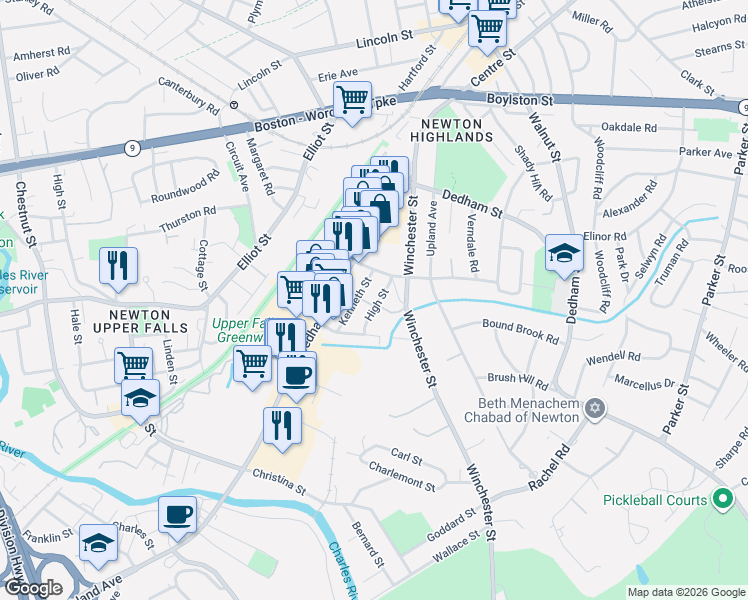 map of restaurants, bars, coffee shops, grocery stores, and more near 9 Kenneth Street in Newton