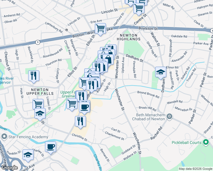 map of restaurants, bars, coffee shops, grocery stores, and more near 9 Kenneth Street in Newton