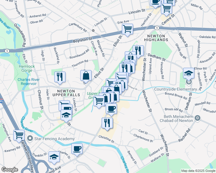 map of restaurants, bars, coffee shops, grocery stores, and more near 153 Needham Street in Newton