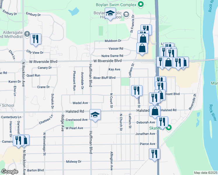 map of restaurants, bars, coffee shops, grocery stores, and more near 1619 Constitution Place in Rockford