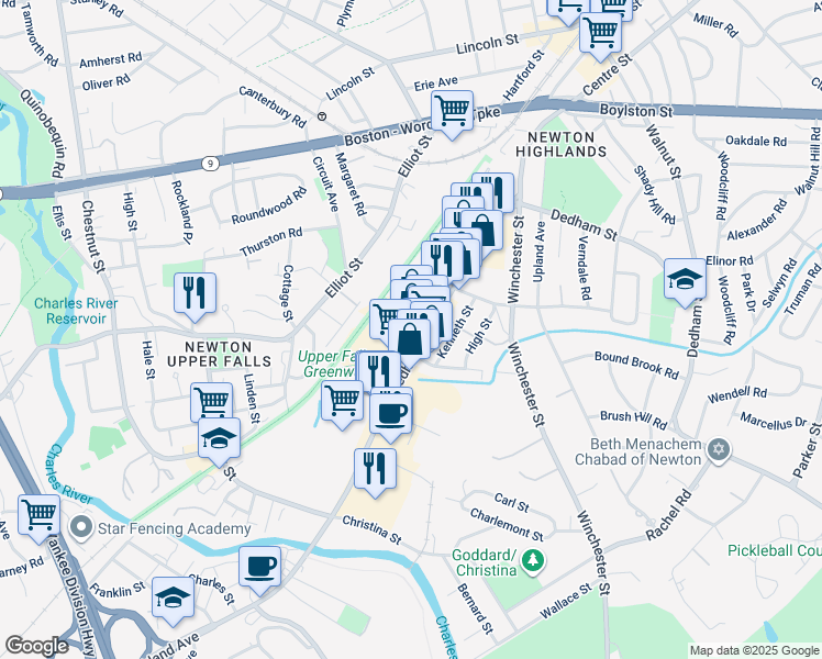 map of restaurants, bars, coffee shops, grocery stores, and more near 131 Needham Street in Newton